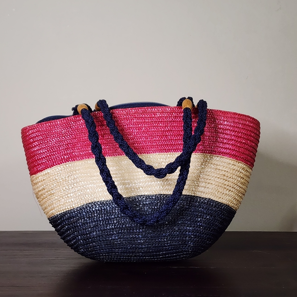 Vintage Italian Woven Straw Purse Handbag Pocketbook  Red and Navy Trendy Summer